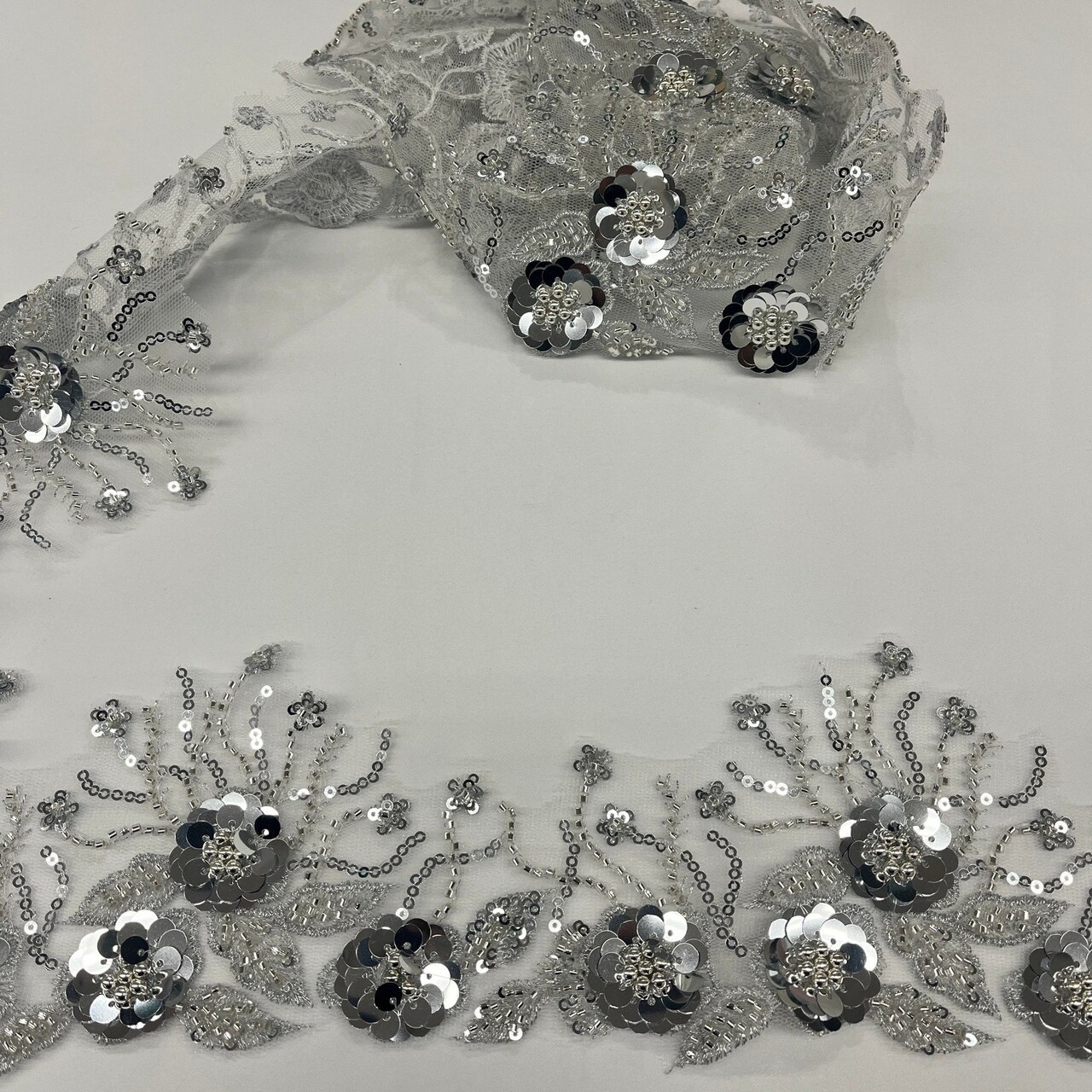 1 Yard Embroidered on 100% Polyester Net Mesh 4″ Wide Beaded & Corded Floral Lace Trimming